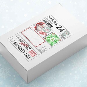 May include: A white rectangular box with festive graphics. The box displays a Santa Claus illustration, the text "North Pole 24," and a "Nice List" checklist. The box is labeled "Priority Mail" and includes a QR code.
