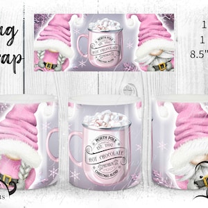 Pink Christmas Gnome Mug Press Wrap 11oz 15oz Gonk Sublimation png jpg svg Snowflake Xmas Custom personalise with names cup Snow Sparkle