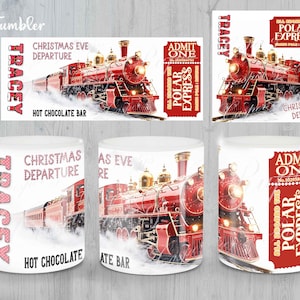 May include: White ceramic mug with a red train design, the text "Christmas Eve Departure", and "Hot Chocolate Bar". The mug also features the name "Tracey" and a "Polar Express" ticket design.
