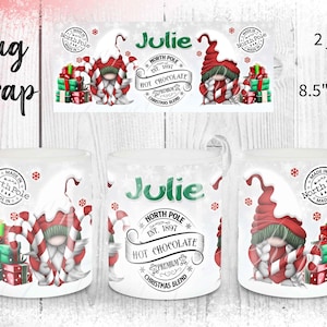 Red Christmas Gnome Mug Press Wrap 11oz 15oz Gonk Sublimation png jpg svg Personalise with names Xmas Custom Personalised Wraps Add Name Cup