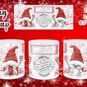 Red Christmas Gnome Mug Press Wrap 11oz 15oz Gonk Sublimation png jpg svg  Personalise with names Xmas Custom Snow tree candy cane presents