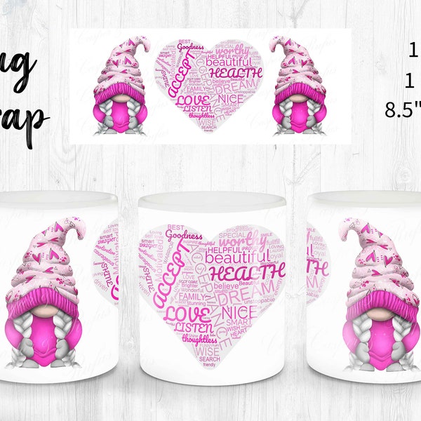 Cup of Positivity Gnome Mug Wrap Press, 11oz 15oz Gonk Sublimation, Mug Wrap png jpg, Bright Pink Customise Personalise, Self care Cup wrap