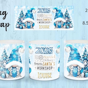 Blue Christmas Gnome Mug Wrap: Gonk Sublimation Design (PNG, JPG)
