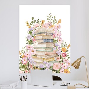 May include: A stack of books with a floral design. The books are surrounded by pink, purple, and yellow flowers. The flowers are painted in a watercolor style.