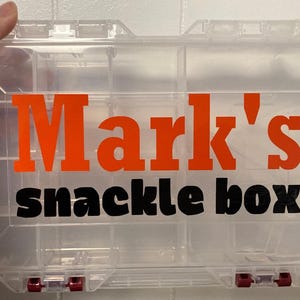 May include: A clear plastic snack box with a hinged lid and multiple compartments. The box has the text "Mark's snackle box" in orange and black lettering. The box is held by a person.