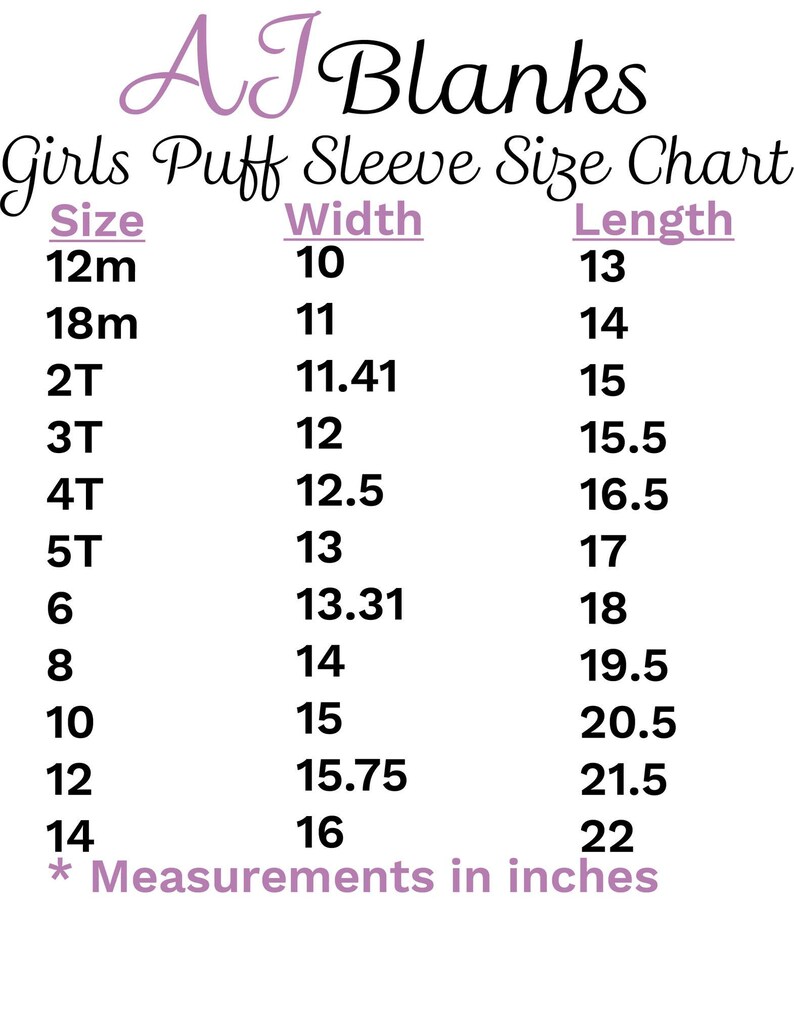 Pu&ograve; includere: Una tabella di taglie per camicie a maniche a sbuffo per ragazze, che mostra le misure in pollici per larghezza e lunghezza. Le taglie vanno dai 12 mesi ai 14 anni.