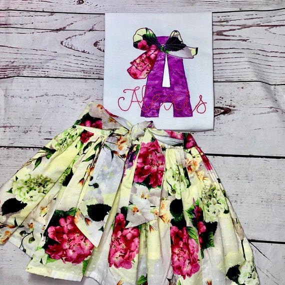Spring Floral Kids Outfit flower Skirt Personalized Name Outfit for Kids Custom Outfit Easter Skirt With Tie Letter Shirt Flower Shirt Etsy