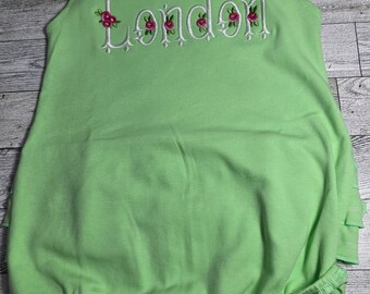 Kids Personalized Romper/Children's Green Flower Romper,  Playsuit For Kids, Children's Romper, personalized kids Ruffle Butt Romper
