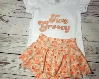 Two Groovy Outfit/Skirted Bummie, Bummies Kids Outfit, Skirted Bloomer, Groovy Kids Bummies, Girls' Bummie Outfit, Kids Two Groovy Outfit