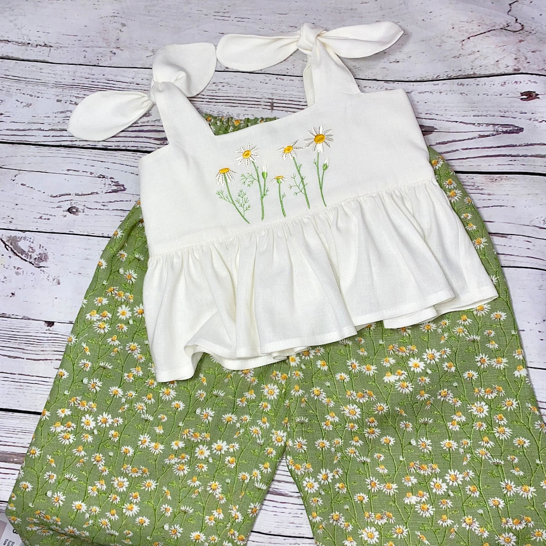 Linen Daisy Outfit/wildflower Outfit, Kids Trousers, Kids Wide Leg