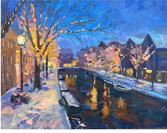 Paesaggio invernale, Dipinto originale, Dipinto di paesaggio urbano, Olio su tela, Arte ucraina, Arte impressionista, Architettura, Decorazione murale, regalo
