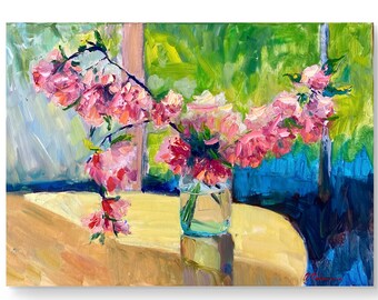 Sakura Blumenmalerei, Original-Gemälde, Ukrainische Malerei, Blumen, impressionistische Kunst, Kirschblüten Stillleben, Wanddekor, Gartenmalerei