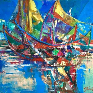 Abstract art, Original painting, Seascape, Modern artwork, Yachts landscape, Large wall art, Oil on canvas, Sailboats, Wall decor, gift