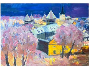 Original Painting, Christmas artwork, Winter landscape, City painting, Ukrainian art, Impressionist Art, Architecture, Wall decor, gift