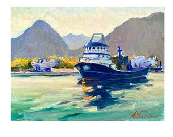 Pintura original, navio, barcos, pintura de paisagem marinha, arte impressionista, decoração de parede, arte marinha, oceano, arte ucraniana, pintura pequena, presente