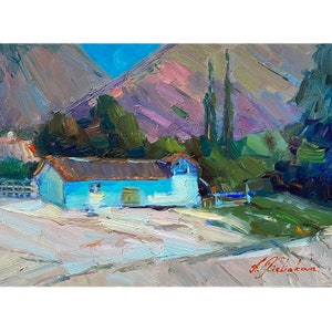 Ukrainian art, Original Painting, Impressionist Art,  Ukrainian painting, Wall farmhouse decor, Rural landscape, House in mountains, Gift