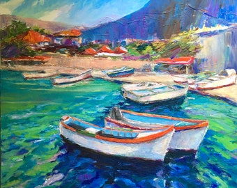 Pintura de paisaje marino, pintura original, pintura ucraniana, arte impresionista, barcos y yates marinos, obra de arte al óleo sobre lienzo, decoración de pared para el hogar, regalo