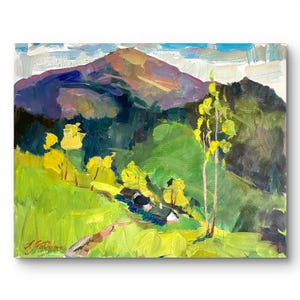 Original painting, Mountains painting, Impressionist art, Ukrainian art, Rural landscape, Oil canvas, Wall home Decor, Farmhouse decor, Gift