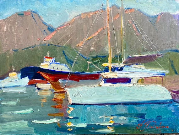 海辺の小さい家の風景 水彩画 原画 （海辺の小さい家の風景