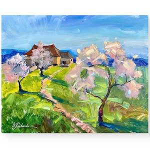Ukrainian painting, Original Painting, Spring Rural landscape, Farmhouse, Impressionist Art, Wall Decor, Ukrainian art, Cherry blossom, Gift