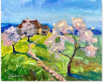 Ukrainian painting, Original Painting, Spring Rural landscape, Farmhouse, Impressionist Art, Wall Decor, Ukrainian art, Cherry blossom, Gift