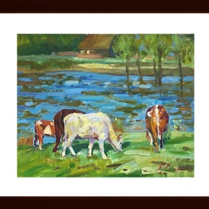 Original Painting, Ukrainian painting, Cows, Water landscape, Impressionist Art, Rural landscape, Ukrainian art, Farmhouse decor, Wall art