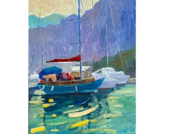 Pintura oceânica, iates, barcos, pintura original, paisagem marítima, arte impressionista, decoração de parede, arte ucraniana, pintura pequena, presente