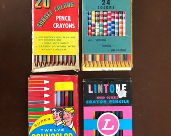 4 Boxes Vintage Wood Crayon Colored Pencils Mostly New Old Stock Original Boxes SUNSET Lintone CONNCOLOR