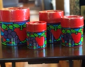 4 Vintage Tin Litho Bright Red Multi Colored Fruit Canisters Mid Century Japan Flour Coffee Sugar Cookie Jar