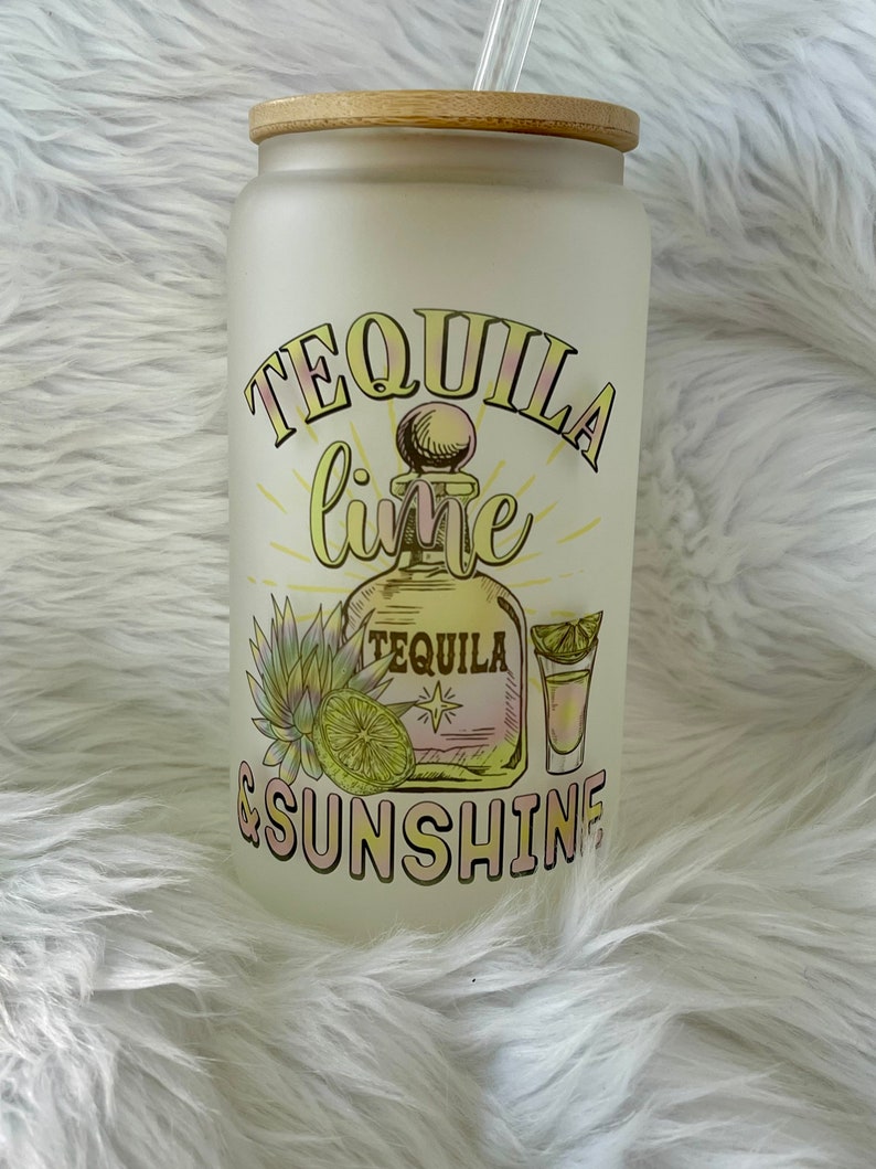 Tequila Lime Sunshine Summer Fun 16oz Glass Can Frosted Etsy