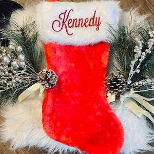 Premium Plush Red Stockings with faux white fur cuff, *glitter names*, 20” Plush Stocking