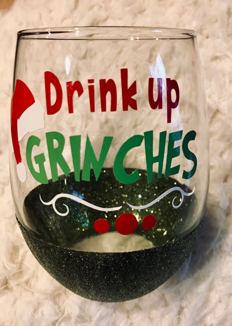 Drink Up Grinches glitter bottom stemless wine glass Etsy