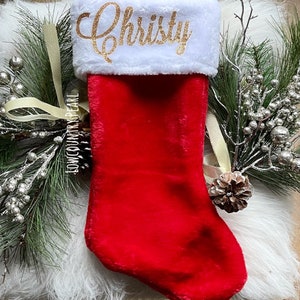 Ultra Plush Red Stockings Personalized with glitter names|1 DAY TURNAROUND|Plush Red with White Plush Cuff|Personalized