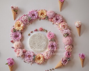 RAINBOW     wreath   Pastel rose backdrop / white felt /  Rose & Romance 16- Newborn Digital Backdrop- Basket- Wreath- Prop - Background