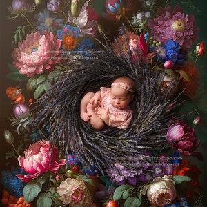 Peonies and Lavender Oil Painting newborn digital backdrop 1