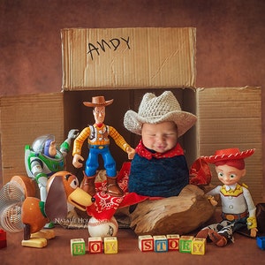 May include: A newborn baby wearing a cowboy hat and a red bandana is lying in a cardboard box with the word "ANDY" written on it. The baby is surrounded by toys from the Toy Story movie, including Woody, Buzz Lightyear, Slinky Dog, and a set of blocks that spell out "BOY STORY".