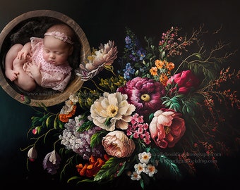 Peonies and Lavender Oil Painting newborn digital backdrop 3