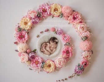 RAINBOW wreath Pastel rose backdrop / white felt /  Rose & Romance 15- Newborn Digital Backdrop- Basket- Wreath- Prop - Background