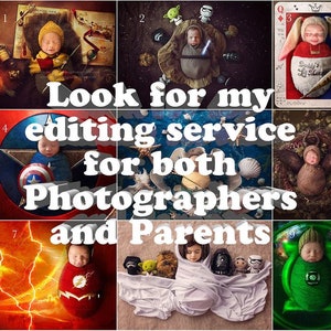 May include: A collage of nine images featuring babies dressed in various costumes and poses. The images are numbered 1 through 9. The text "Look for my editing service for both Photographers and Parents" is superimposed on the images.