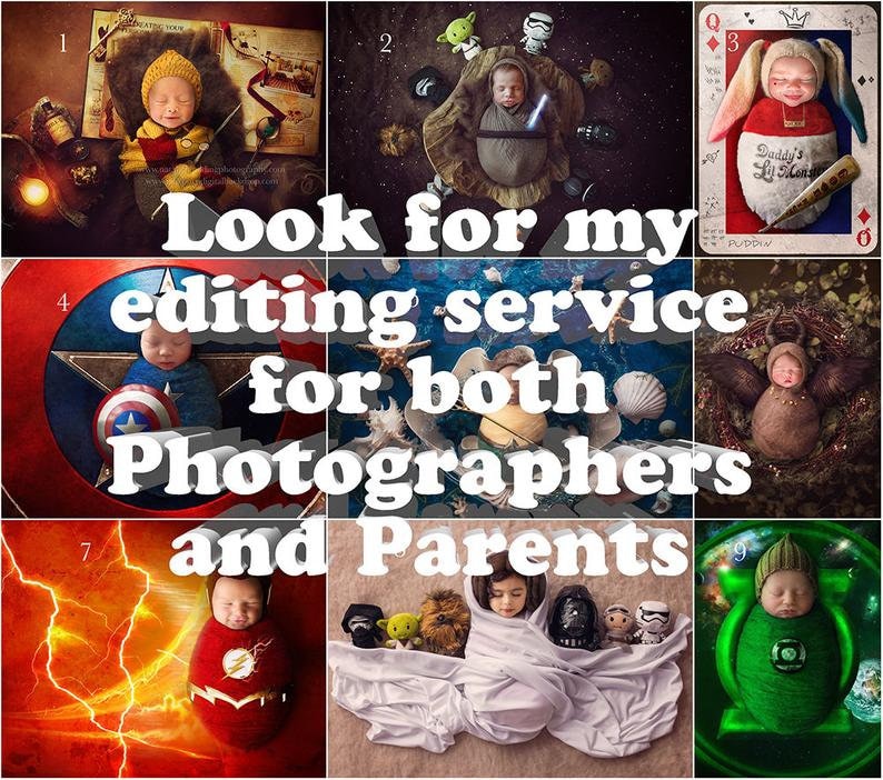 May include: A collage of nine images featuring babies dressed in various costumes and poses. The images are numbered 1 through 9. The text "Look for my editing service for both Photographers and Parents" is superimposed on the images.