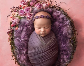 Könnte beinhalten: Ein neugeborenes Baby-Mädchen schläft in einem violetten Nest mit einer Blumenkrone. Das Nest besteht aus Zweigen und ist von rosa Rosen umgeben.