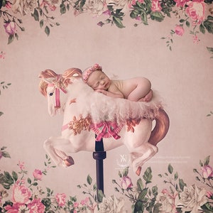 May include: A newborn baby girl sleeps peacefully on a white carousel horse with pink and gold accents. The horse is set against a backdrop of a floral pattern with pink and white roses.