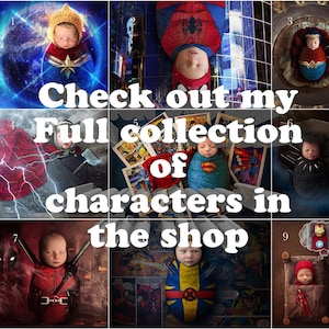May include: A collage of nine images featuring babies dressed as different superheroes. The images are arranged in a 3x3 grid. The babies are dressed as Captain Marvel, Spiderman, Wonder Woman, Thor, Superman, Black Panther, Deadpool, Wolverine, and Iron Man. The text "Check out my full collection of characters in the shop" is superimposed on the images.