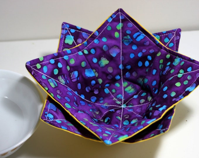 Purple Batik Bowl Cozies, Set of Two 100 Cotton Bowl Cozies, Soup Bowl