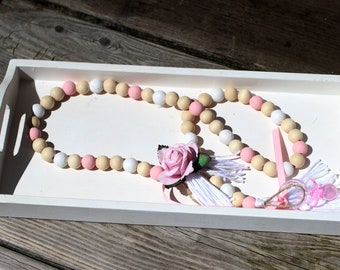 Farmhouse Baby Girl Garland, Baby Girl Garland, Pink and White Garland, Garland for Baby Girl's Room, Hand Painted Wooden Bead Garland