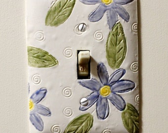 Blue Daisy Switch Plate Cover, Polymer Clay and Metal Switch Plate Cover