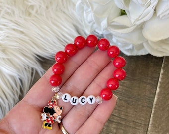 Girls Personalized Minnie Bracelet, Girls Minnie Name Bracelet, Personalized Beaded Bracelets, Disney Gifts for Kids, Personalized Jewelry