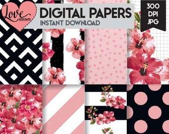 Black White and Pink Floral Digital Papers | Pretty Digital Scrapbooking Papers | Pretty Printable Scrapbooking Papers | Floral Girly Paper