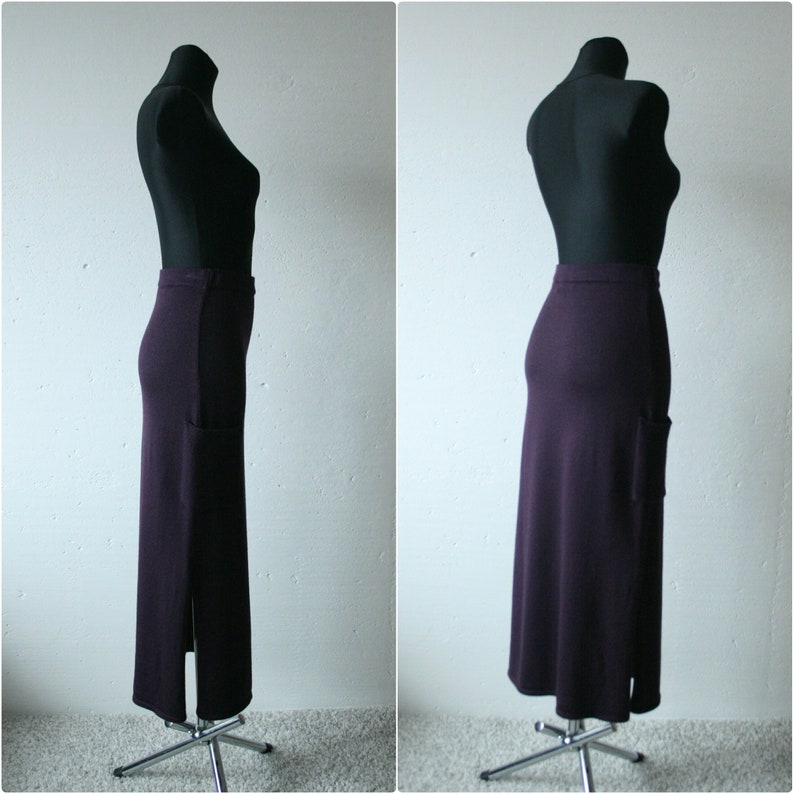 Vintage Italian dark purple merino wool blend knitted midi skirt High waist Italian skirt Knit warm midi skirt Fitted purple midi skirt S