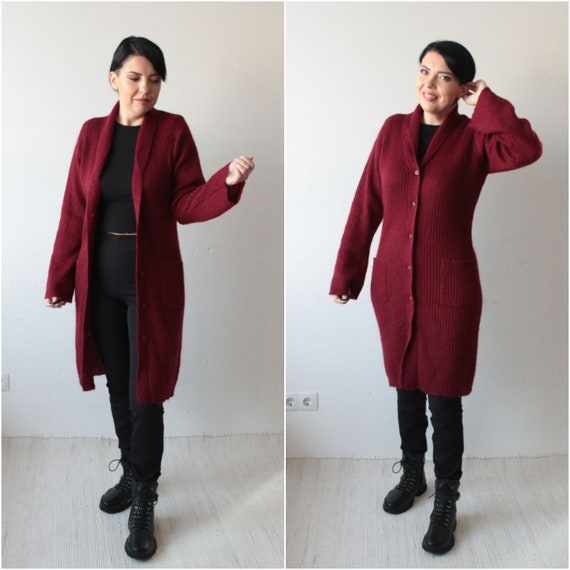 Vintage cherry red long knitted women's cardigan M